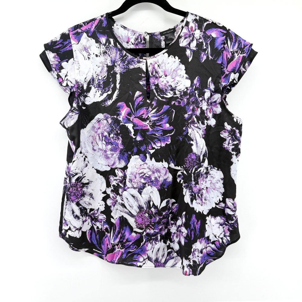 Ann Taylor Blouse Floral Flutter Sleeve Large Black Purple Womens Career Top